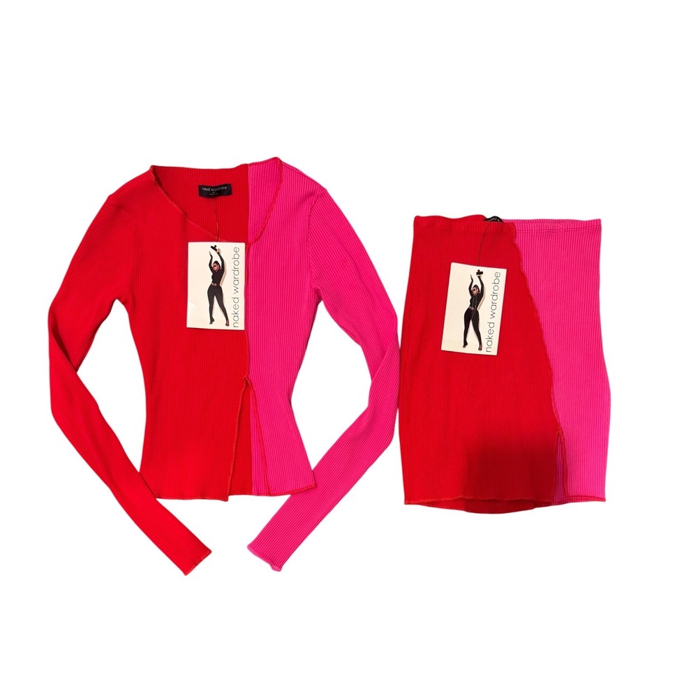 Naked Wardrobe Colorblock Ribbed 2 Piece Skirt Set Womens XS Pink Red